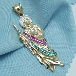 Elegant 14K Solid Yellow Gold Religious Saint Jude Cubic Zirconia Pendant Charm